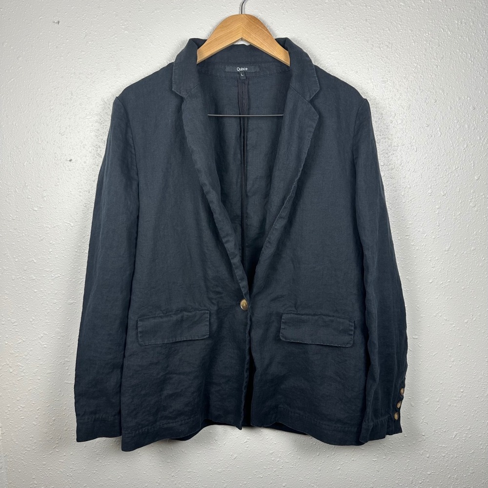 Quince Women's L 100% Linen Blazer Black Relaxed Fit Single Breasted Minimalist